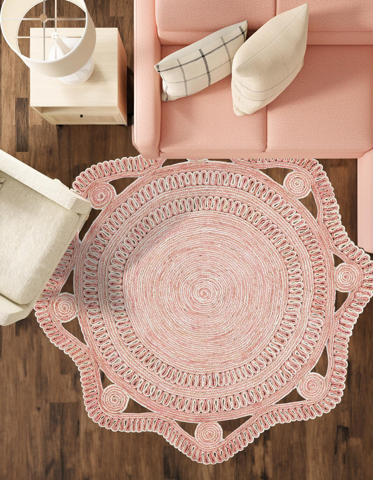 Woven Seaside Jute Collection Area Rug - Nantucket Round Pink and White  lifestyle 64