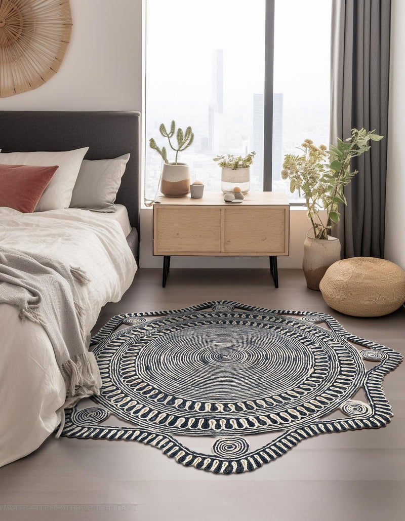Woven Seaside Jute Collection Area Rug - Nantucket Round Navy and White  lifestyle 6