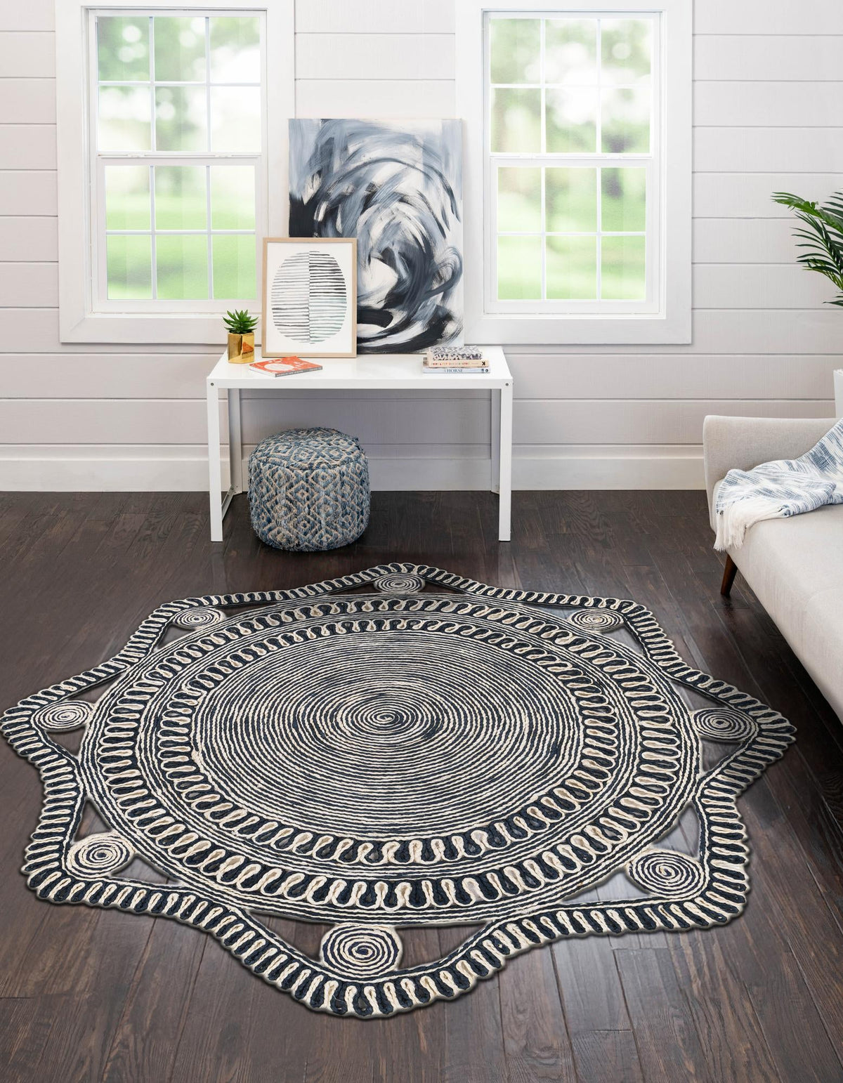 Woven Seaside Jute Collection Area Rug - Nantucket Round Navy and White  lifestyle 11