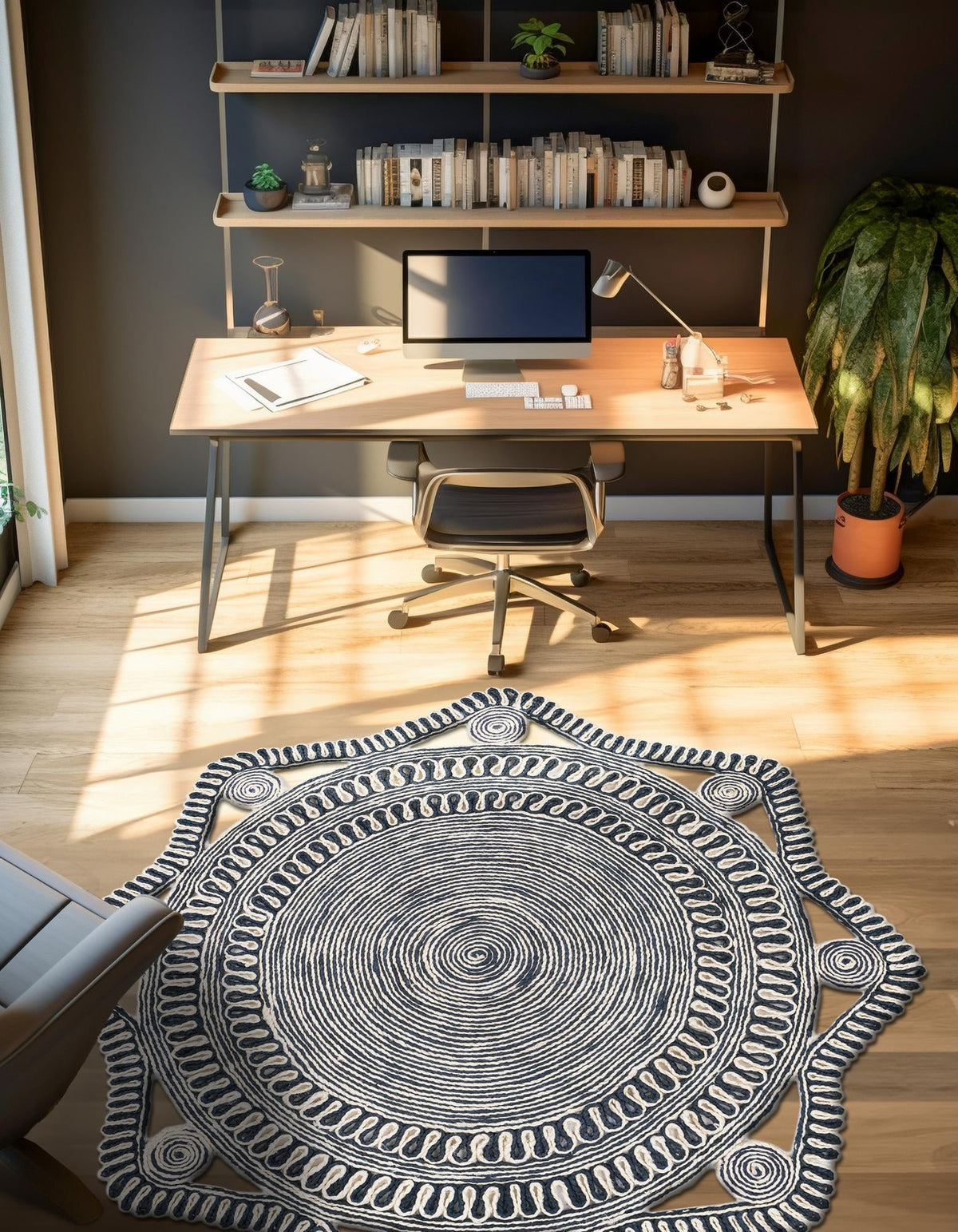 Woven Seaside Jute Collection Area Rug - Nantucket Round Navy and White  lifestyle 14