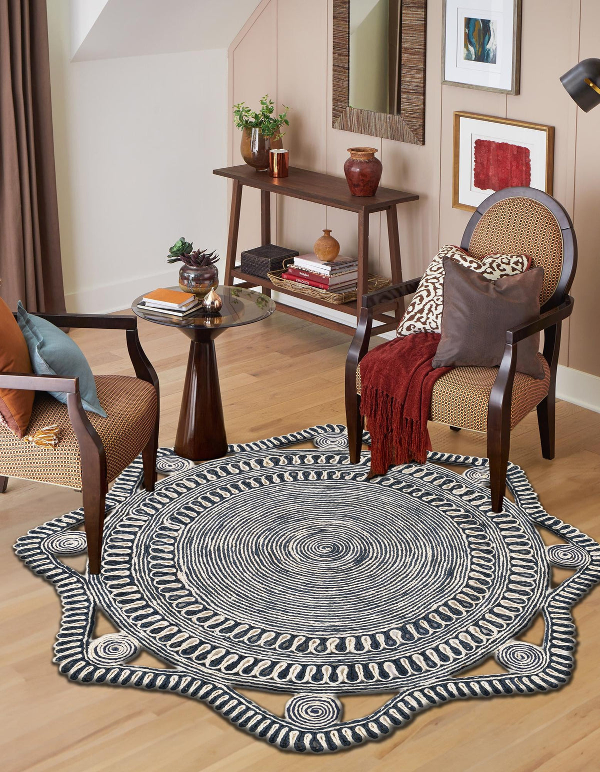Woven Seaside Jute Collection Area Rug - Nantucket Round Navy and White  lifestyle 17