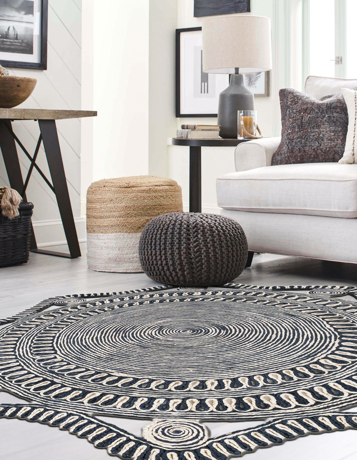 Woven Seaside Jute Collection Area Rug - Nantucket Round Navy and White  lifestyle 20
