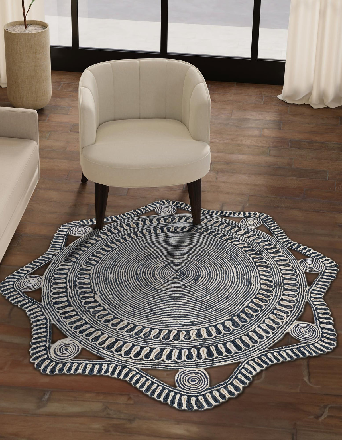 Woven Seaside Jute Collection Area Rug - Nantucket Round Navy and White  lifestyle 23