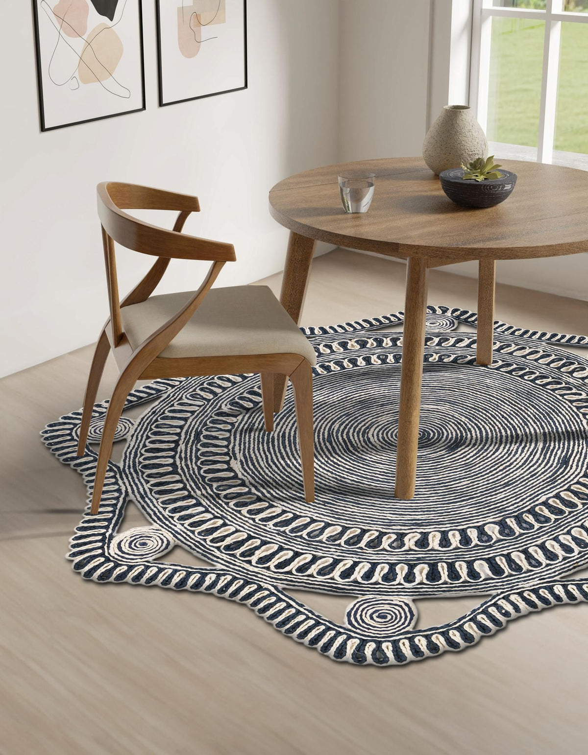 Woven Seaside Jute Collection Area Rug - Nantucket Round Navy and White  lifestyle 26