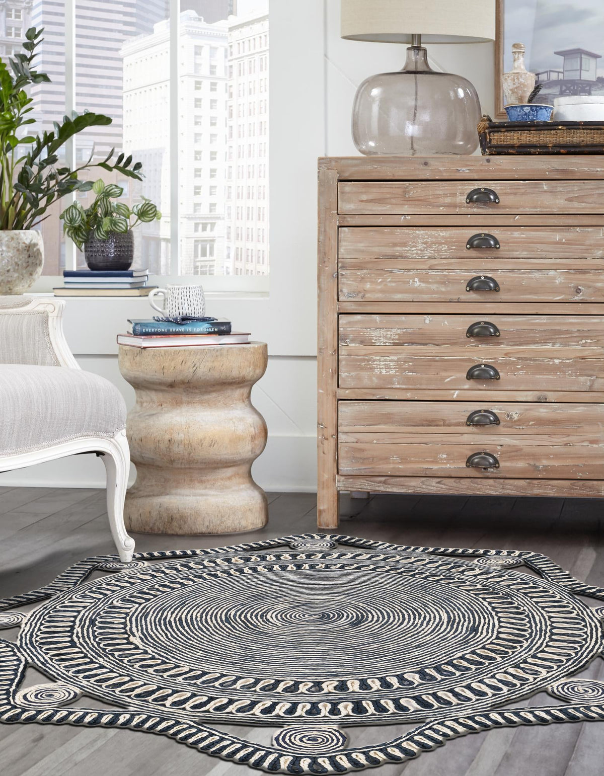 Woven Seaside Jute Collection Area Rug - Nantucket Round Navy and White  lifestyle 29