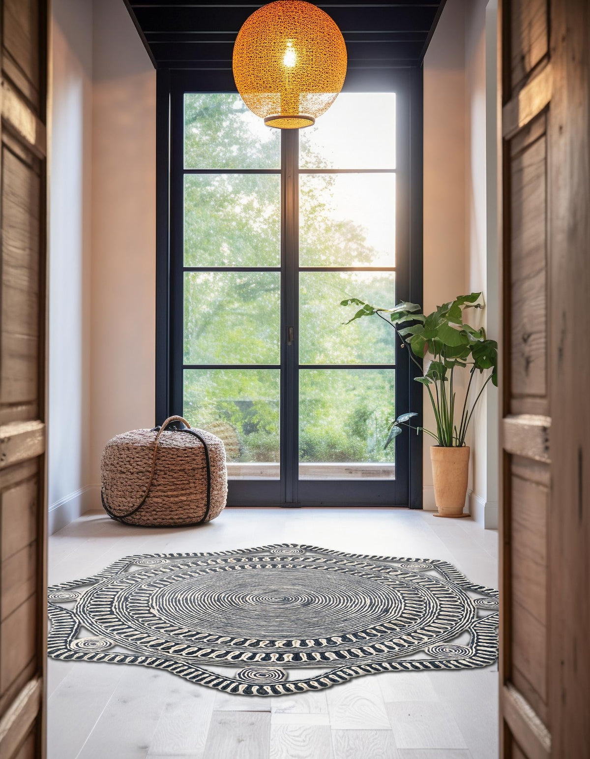 Woven Seaside Jute Collection Area Rug - Nantucket Round Navy and White  lifestyle 33