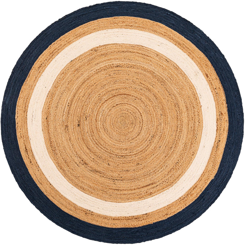 Woven Seaside Jute Collection Area Rug - Nantucket Round Navy Blue White Natural  lifestyle 73