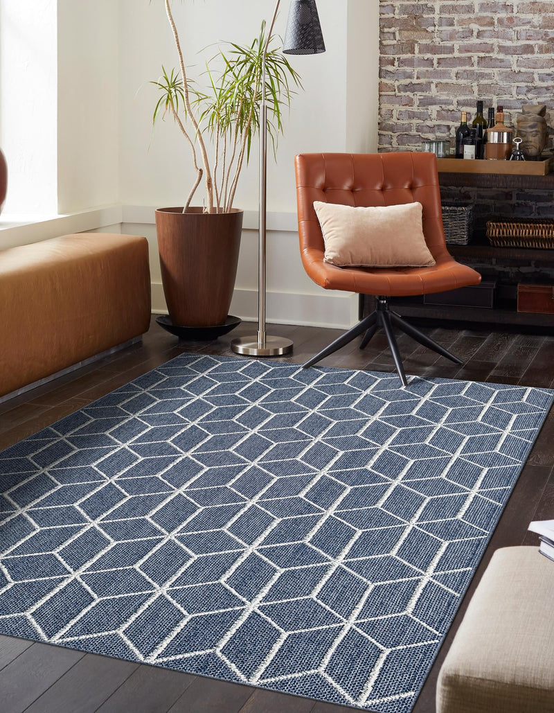 Seaside Lattice Collection Area Rug - Savannah Rectangle Navy Blue  lifestyle 17