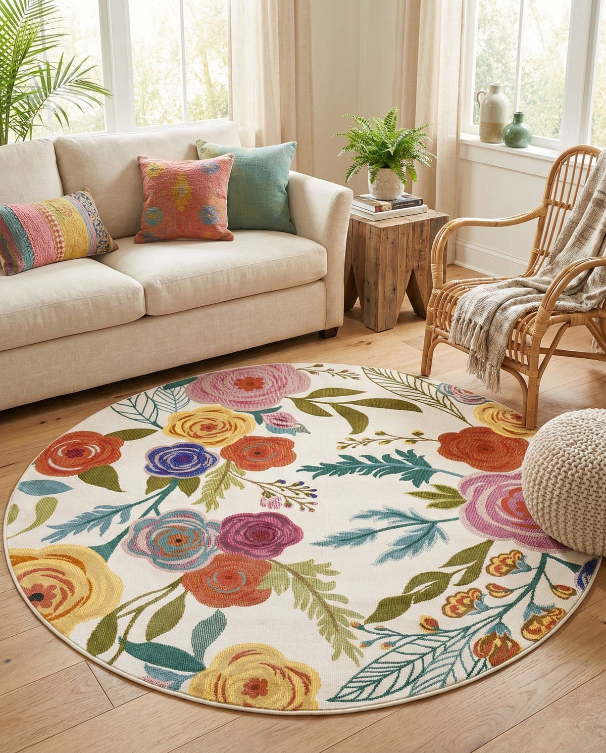 Meadow Breeze Collection Area Rug -  Petal Round Ivory  lifestyle 202