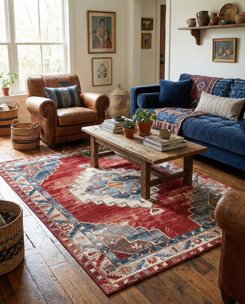 Patio Heritage Collection Area Rug -  Alcove Rectangle Red and Navy Blue  lifestyle 14