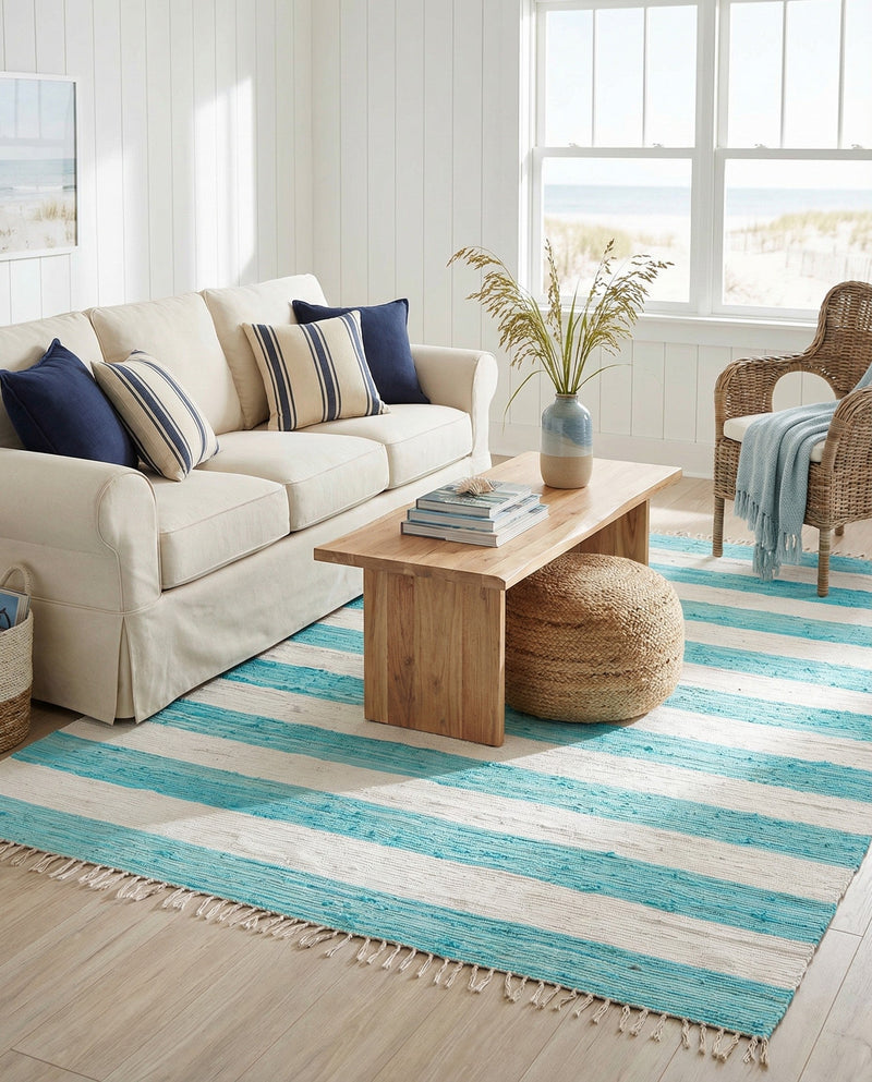 Tassel Trail Collection Area Rug - Pathway (Turquoise and Ivory) Rectangle Turquoise and Ivory  lifestyle 3