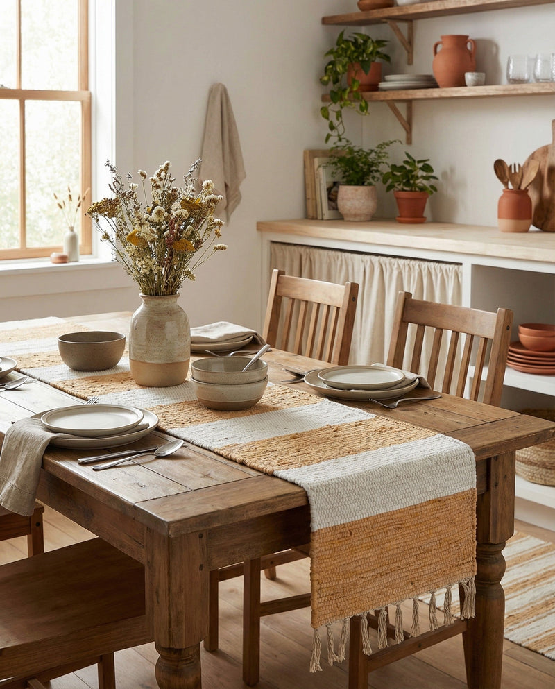 Tassel Trail Collection Area Rug - Pathway (Beige) Table Runner Beige  lifestyle 35
