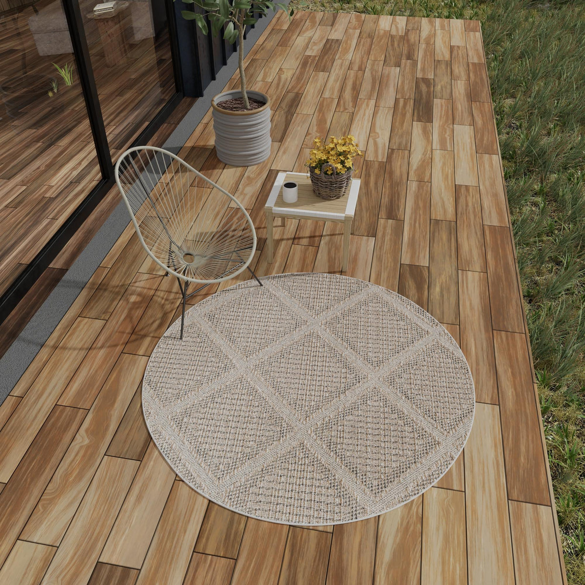 Seaside Lattice Collection Area Rug -  Eden Round Khaki  lifestyle 130