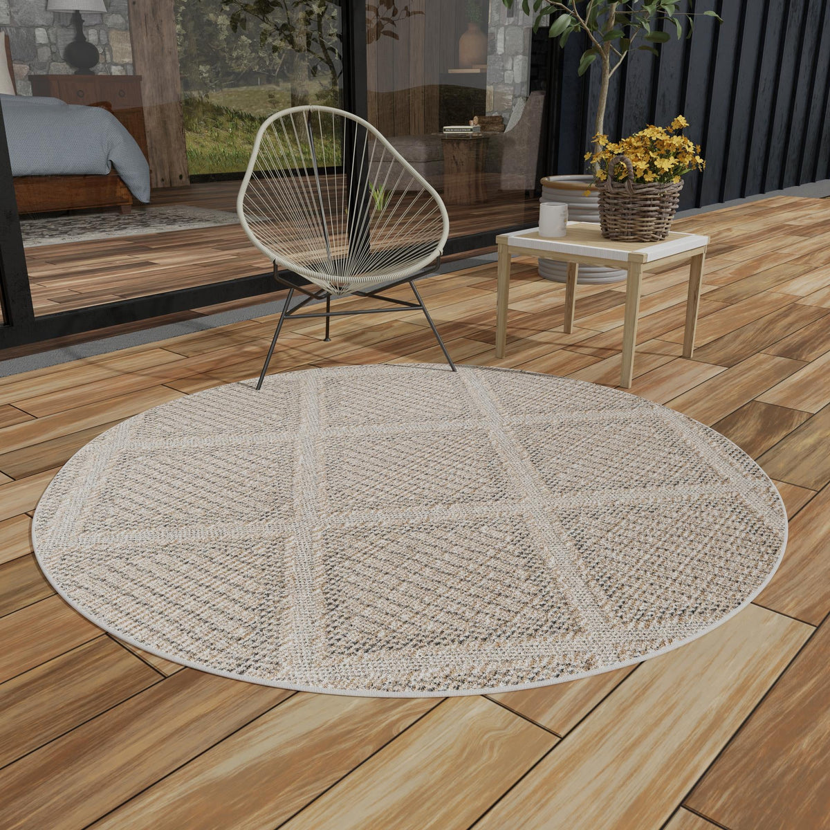 Seaside Lattice Collection Area Rug -  Eden Round Khaki  lifestyle 136