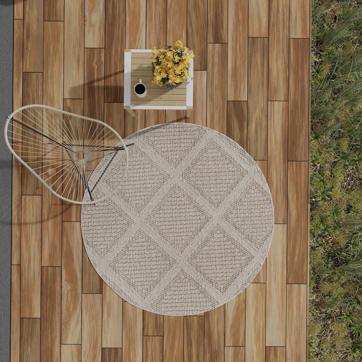 Seaside Lattice Collection Area Rug -  Eden Round Khaki  lifestyle 148