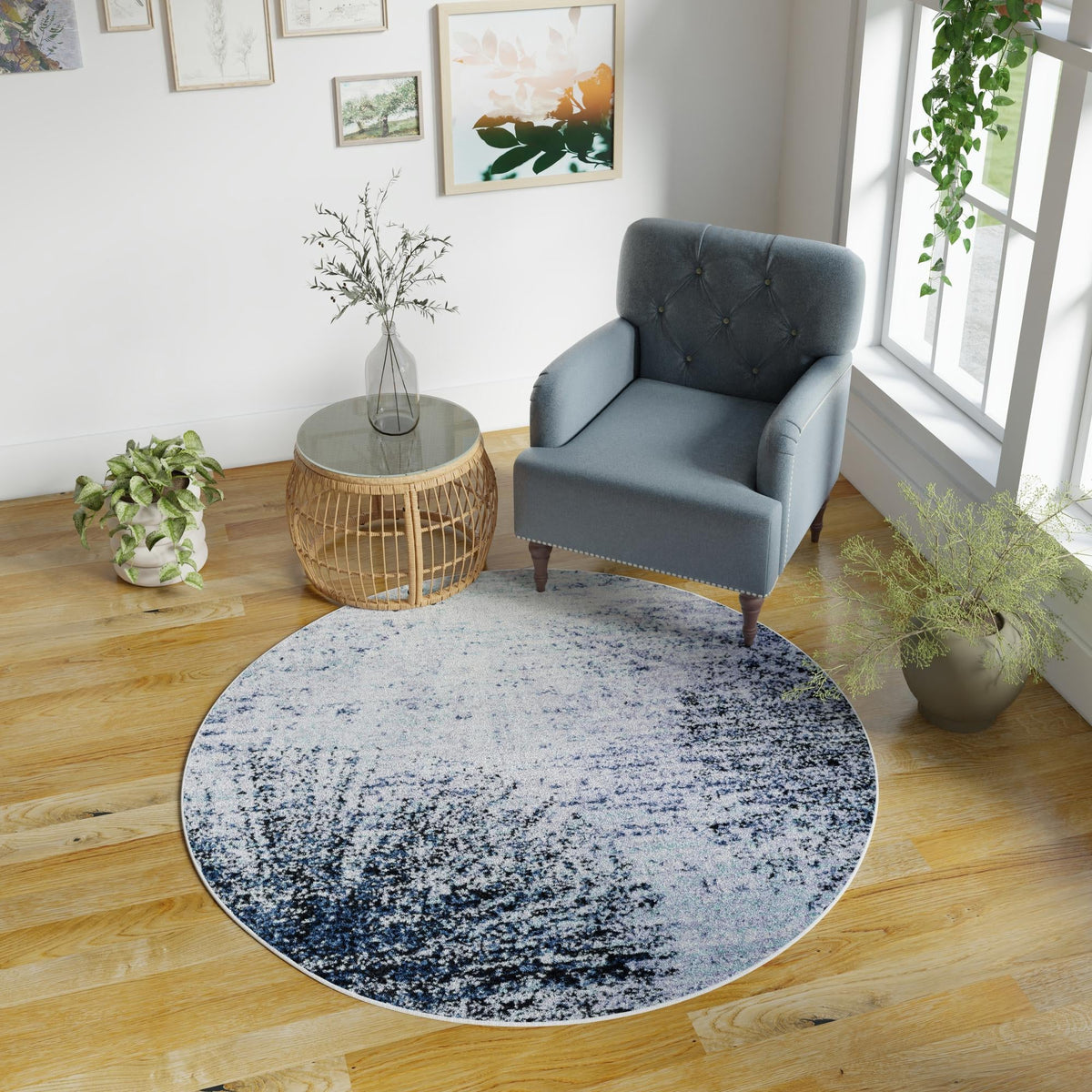 Santa Fe Trails Collection Area Rug -  Zuni Round Blue and Gray  lifestyle 88