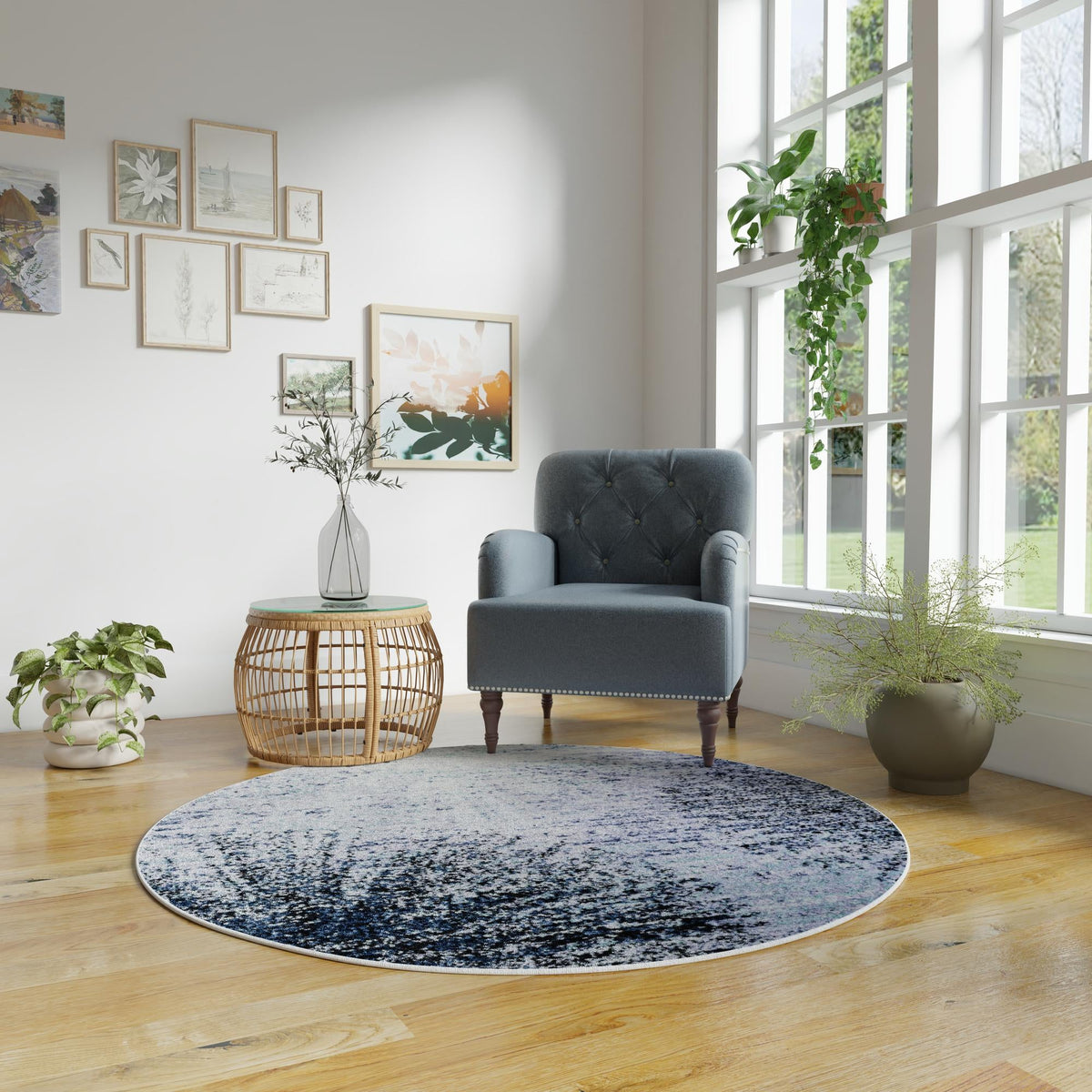 Santa Fe Trails Collection Area Rug -  Zuni Round Blue and Gray  lifestyle 90