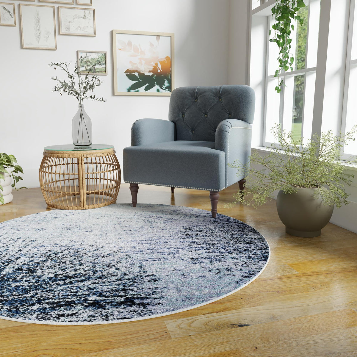 Santa Fe Trails Collection Area Rug -  Zuni Round Blue and Gray  lifestyle 92