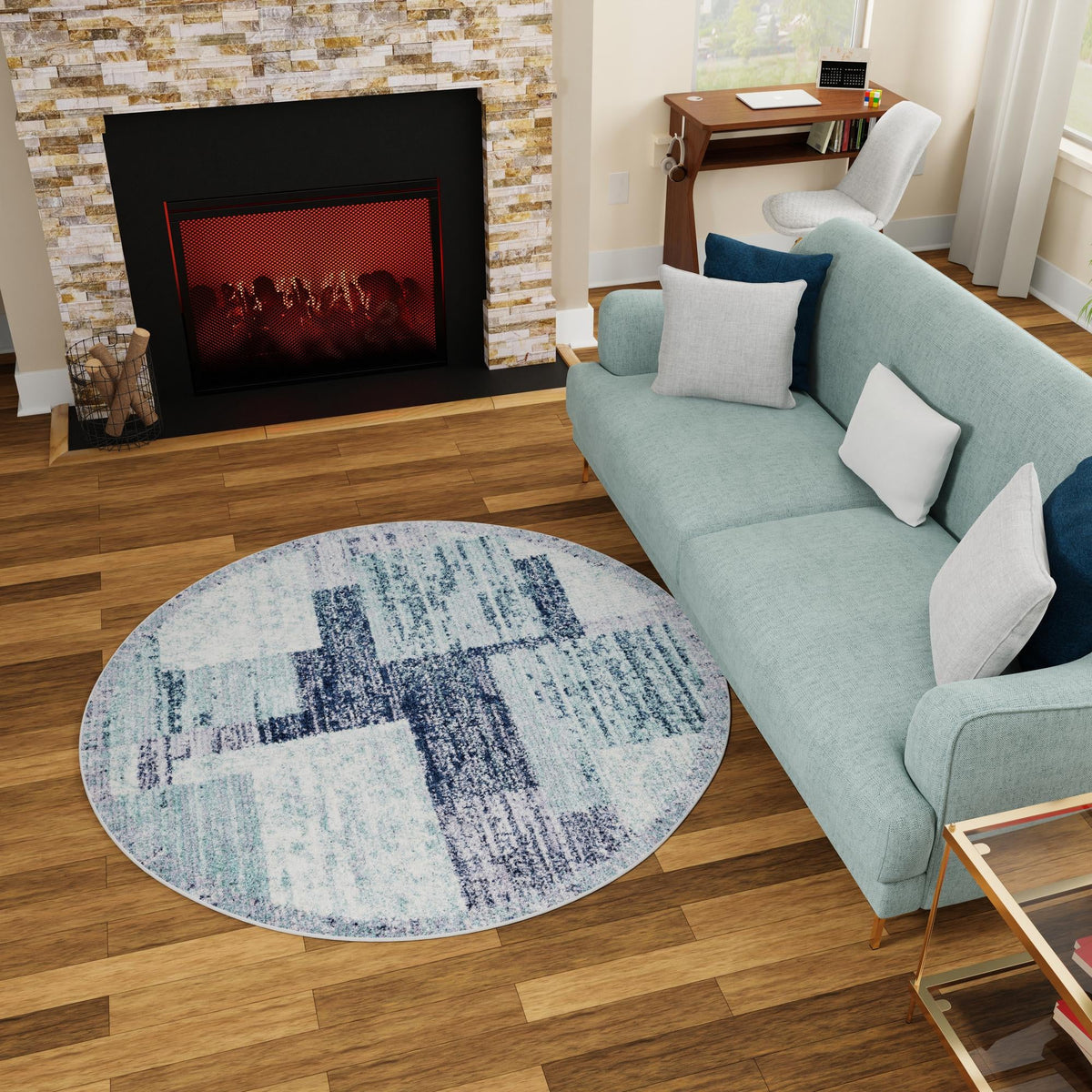 Santa Fe Trails Collection Area Rug -  Pueblo Round Blue and Gray  lifestyle 82