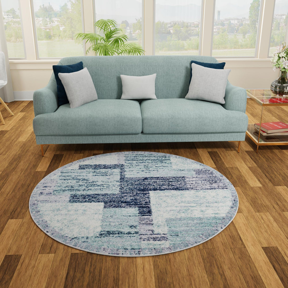 Santa Fe Trails Collection Area Rug -  Pueblo Round Blue and Gray  lifestyle 88