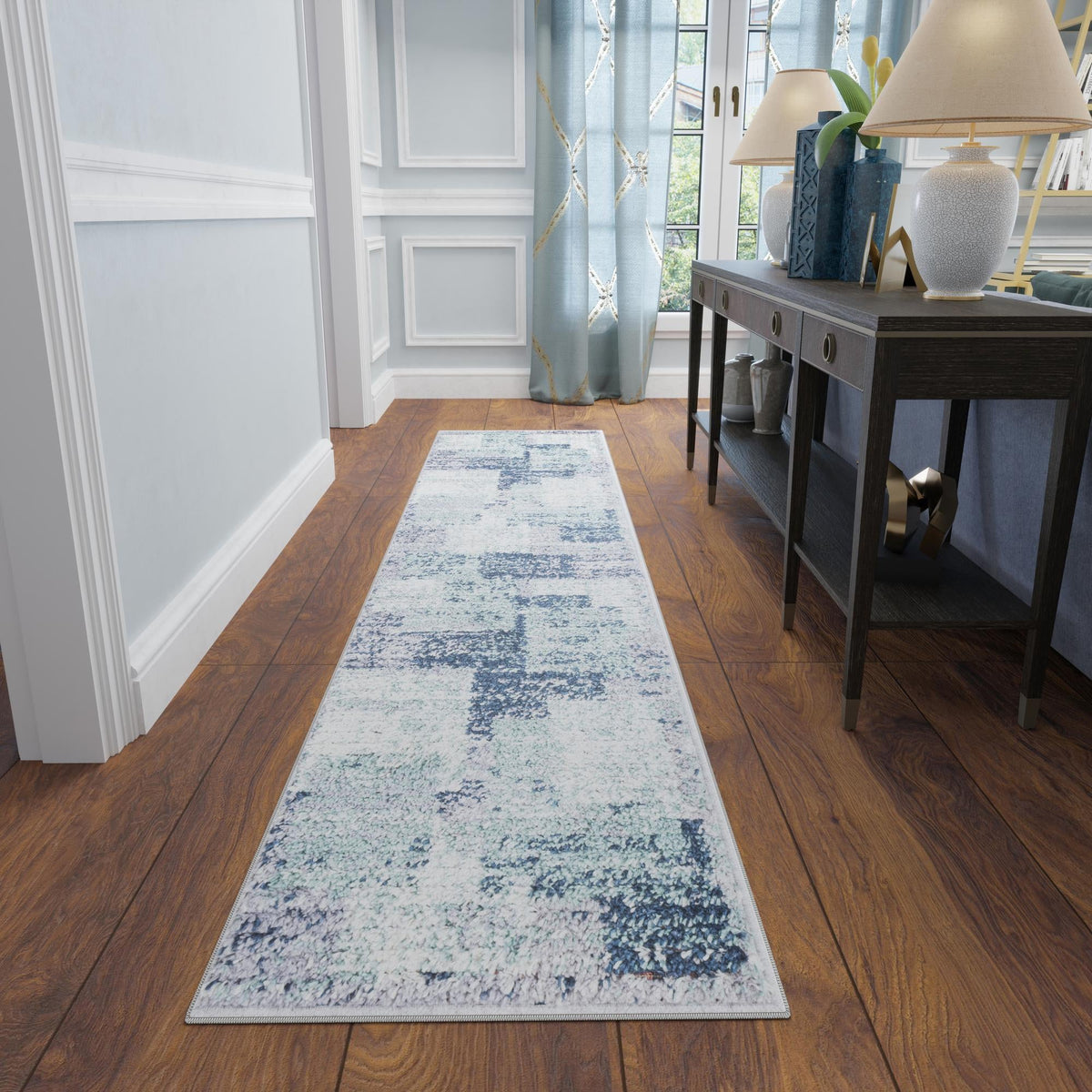 Santa Fe Trails Collection Area Rug -  Pueblo Runner Blue and Gray  lifestyle 81