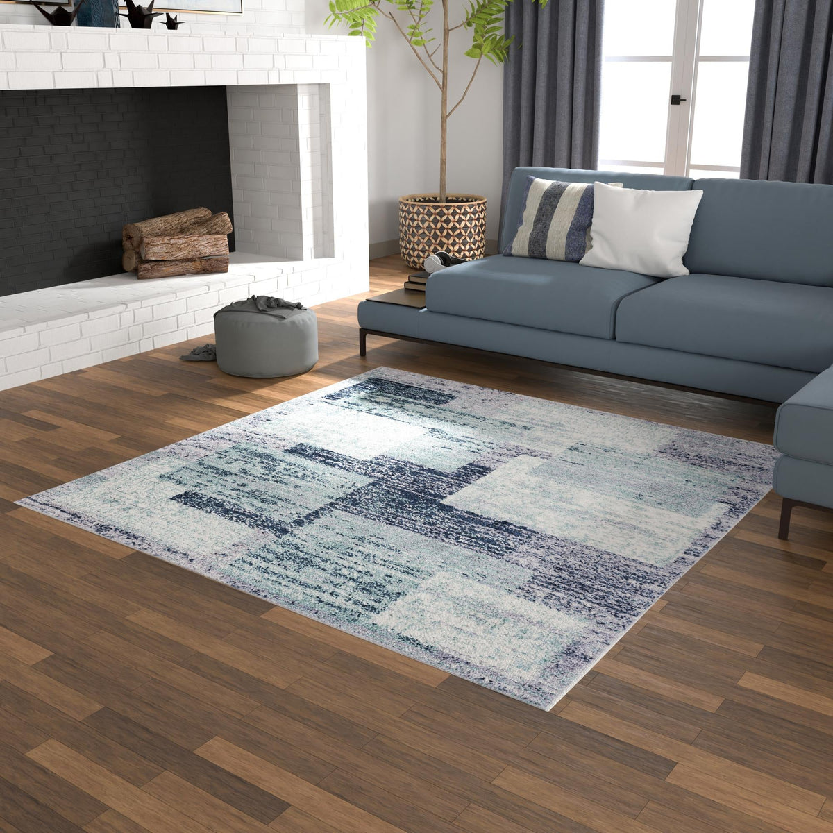 Santa Fe Trails Collection Area Rug -  Pueblo Square Blue and Gray  lifestyle 83