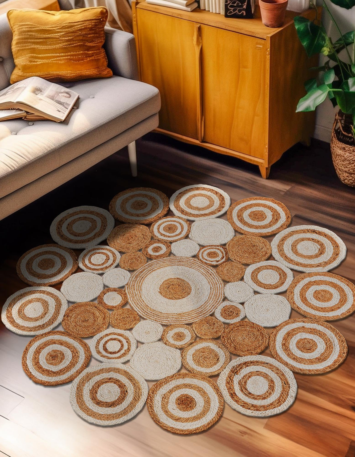 Woven Seaside Jute Collection Area Rug - Sienna Round Natural and White  lifestyle 6
