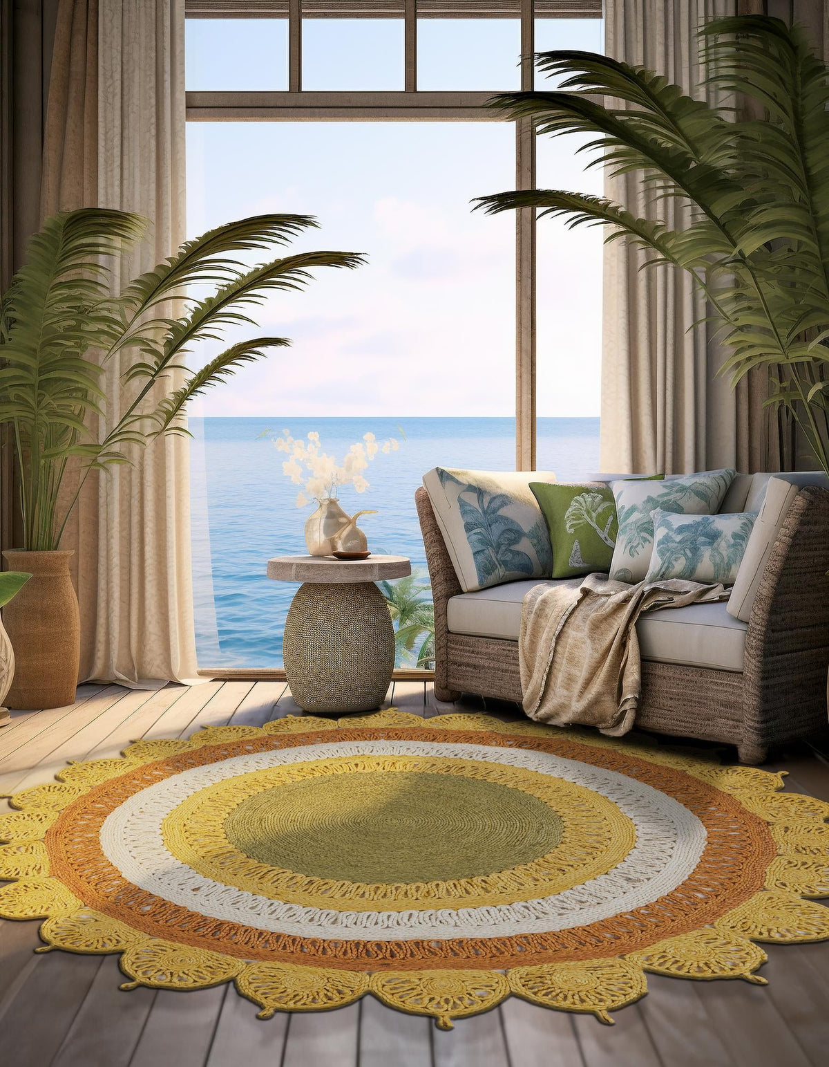 Woven Seaside Jute Collection Area Rug - Coastalhaven (Sunflower Yellow) Round Sunflower Yellow  lifestyle 2