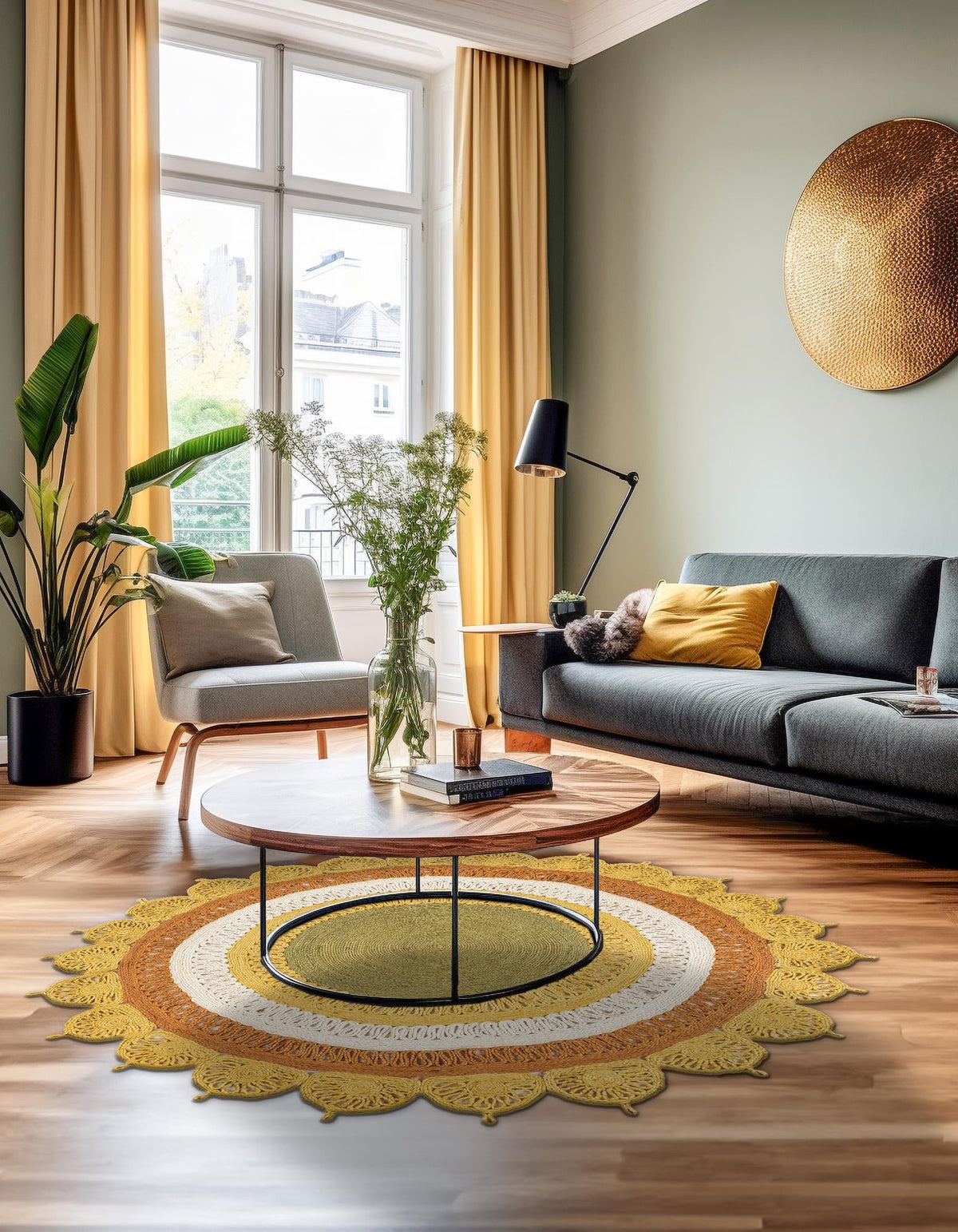 Woven Seaside Jute Collection Area Rug - Coastalhaven (Sunflower Yellow) Round Sunflower Yellow  lifestyle 3