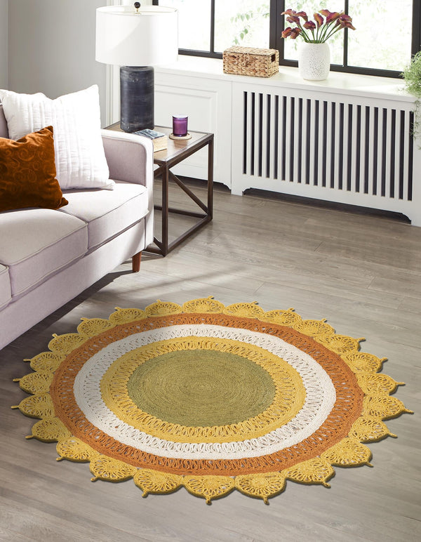 Woven Seaside Jute Collection Area Rug - Coastalhaven (Sunflower Yellow) Round Sunflower Yellow  lifestyle 4
