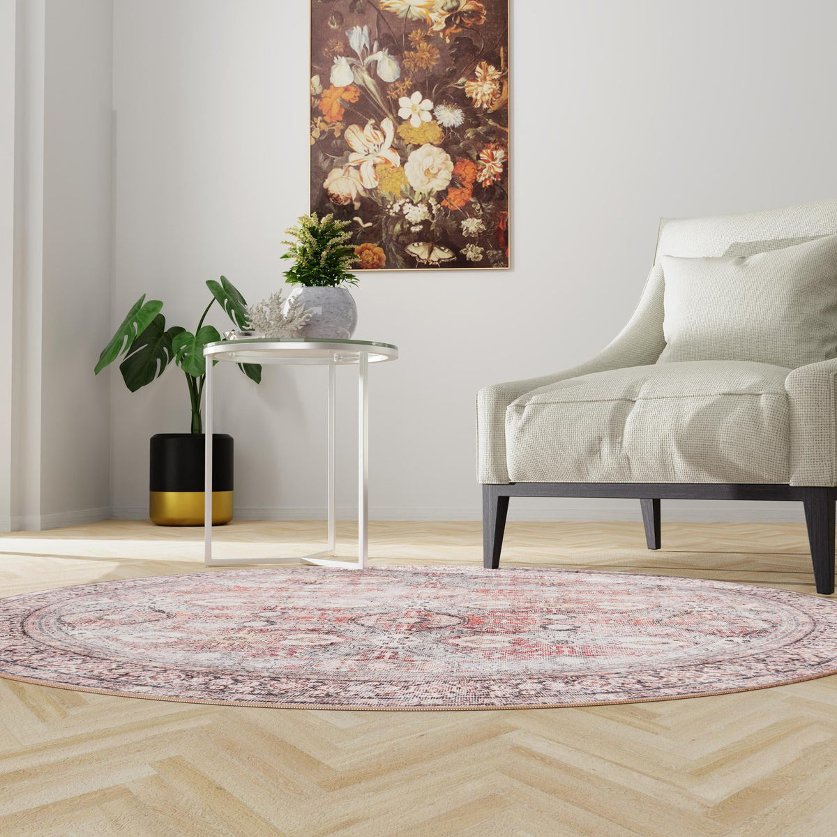 Heritage Elegance Collection Area Rug -  Hampton Round Antique Red  lifestyle 64