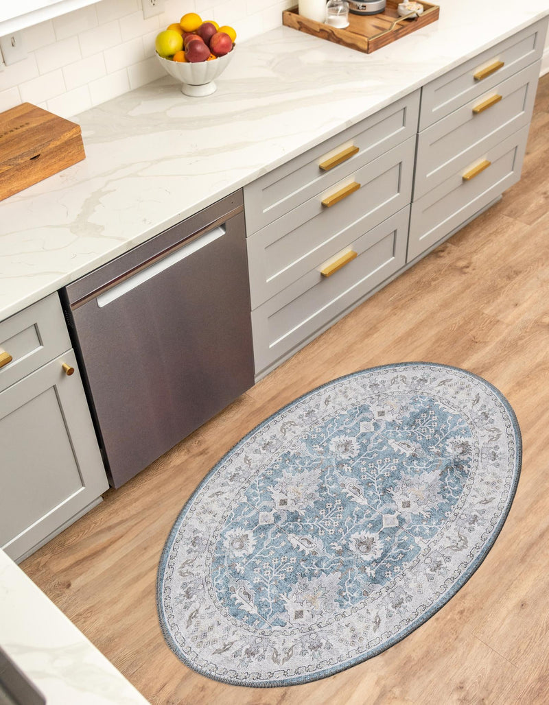 Heritage Elegance Collection Area Rug -  Forbidden Oval Teal blue  lifestyle 130