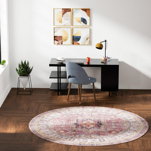 Heritage Elegance Collection Area Rug -  Neuschwanstein Round Antique Rose Pink  lifestyle 175