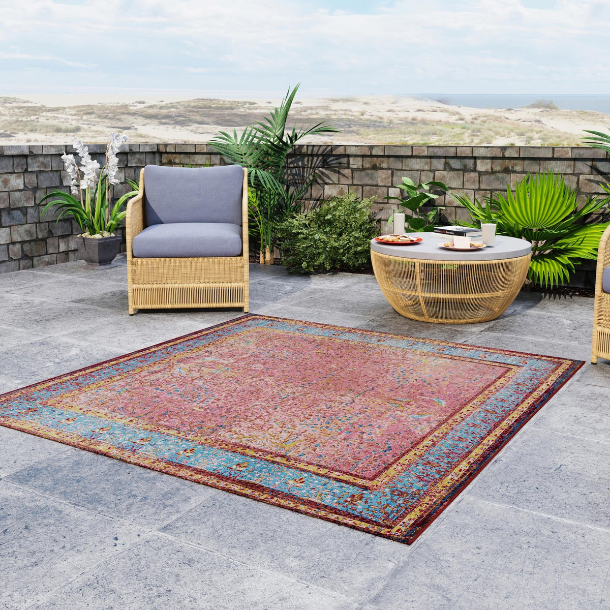 Patio Elegance Collection Area Rug -  Serenity Square Vintage Salmon Coral  lifestyle 68
