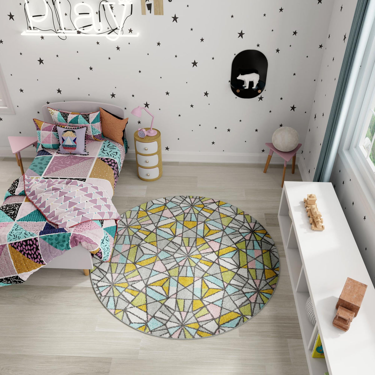 Playful Patterns Collection Area Rug -  Chromatic Round Multi  lifestyle 50