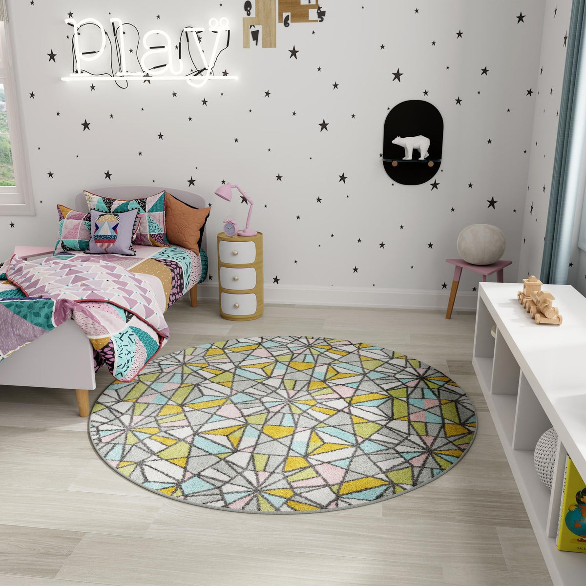 Playful Patterns Collection Area Rug -  Chromatic Round Multi  lifestyle 52
