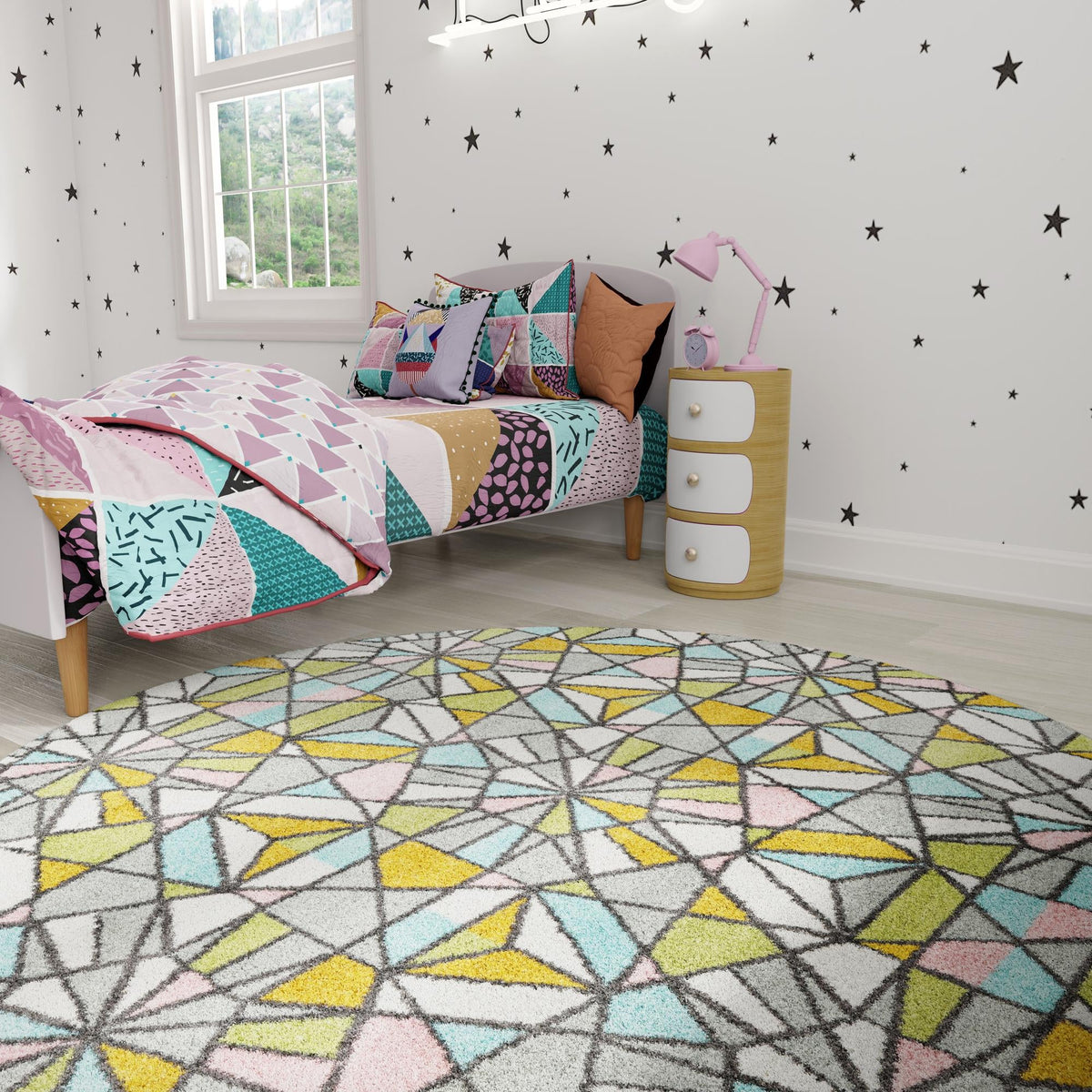 Playful Patterns Collection Area Rug -  Chromatic Round Multi  lifestyle 54