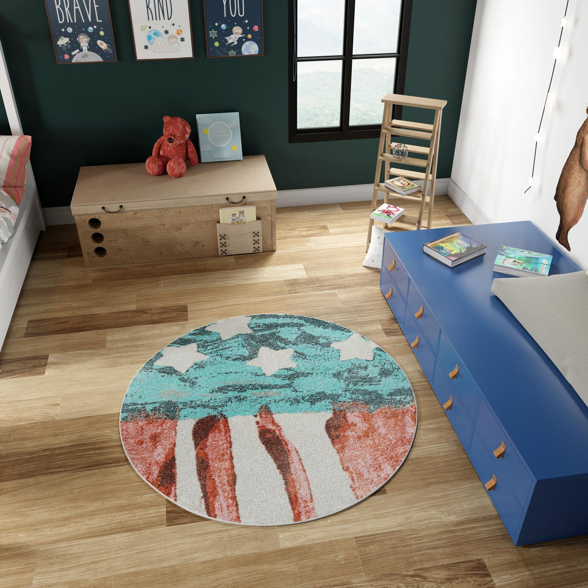 Playful Patterns Collection Area Rug -  Zany Round Red and Blue  lifestyle 50