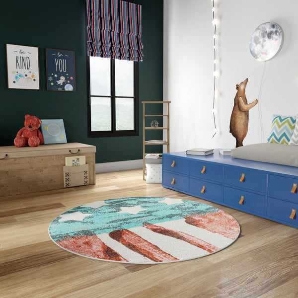 Playful Patterns Collection Area Rug -  Zany Round Red and Blue  lifestyle 52