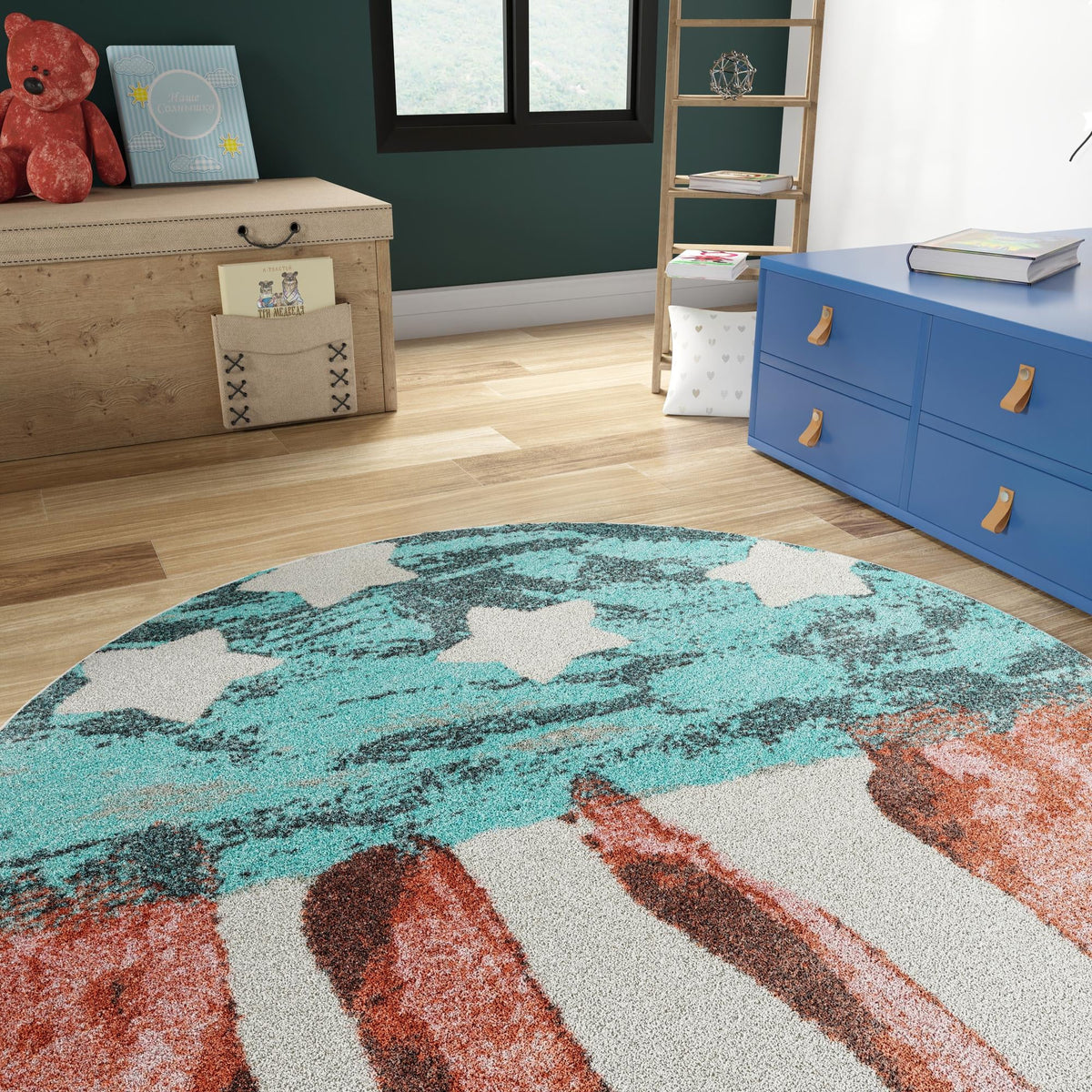 Playful Patterns Collection Area Rug -  Zany Round Red and Blue  lifestyle 54