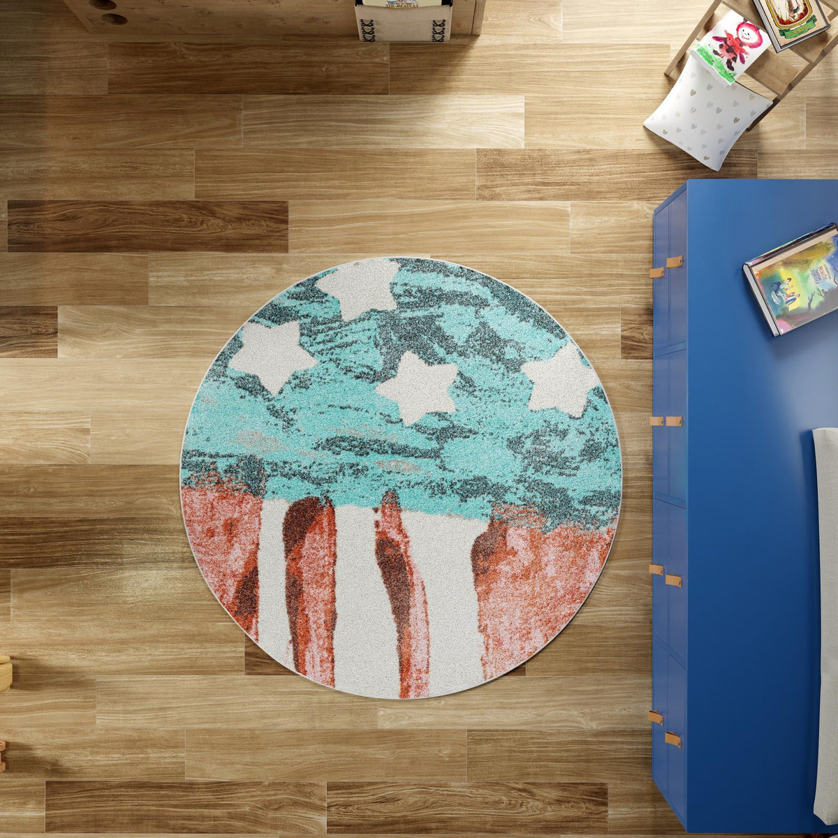 Playful Patterns Collection Area Rug -  Zany Round Red and Blue  lifestyle 56