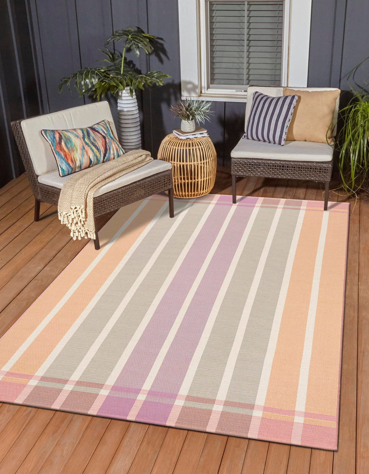 Seaside Stripes Collection Area Rug -  Coral Rectangle Pink and Lavender  lifestyle 3
