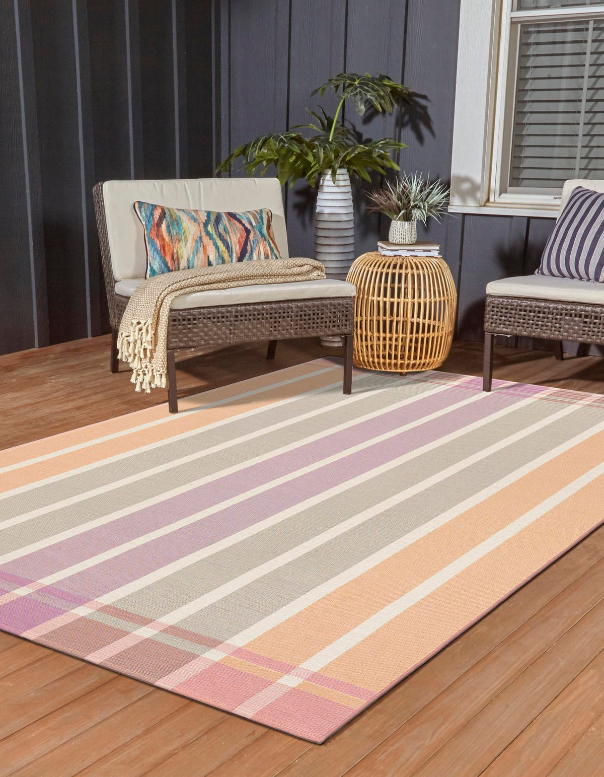 Seaside Stripes Collection Area Rug -  Coral Rectangle Pink and Lavender  lifestyle 6