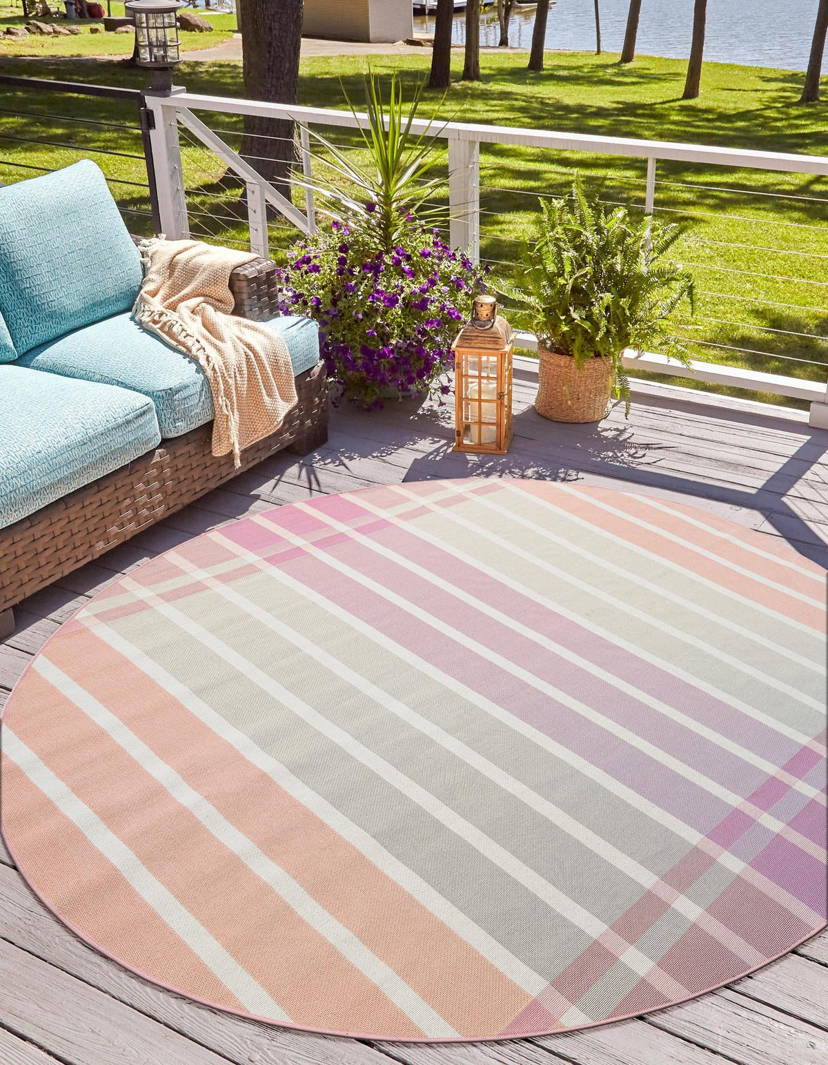 Seaside Stripes Collection Area Rug -  Coral Round Pink and Lavender  lifestyle 38