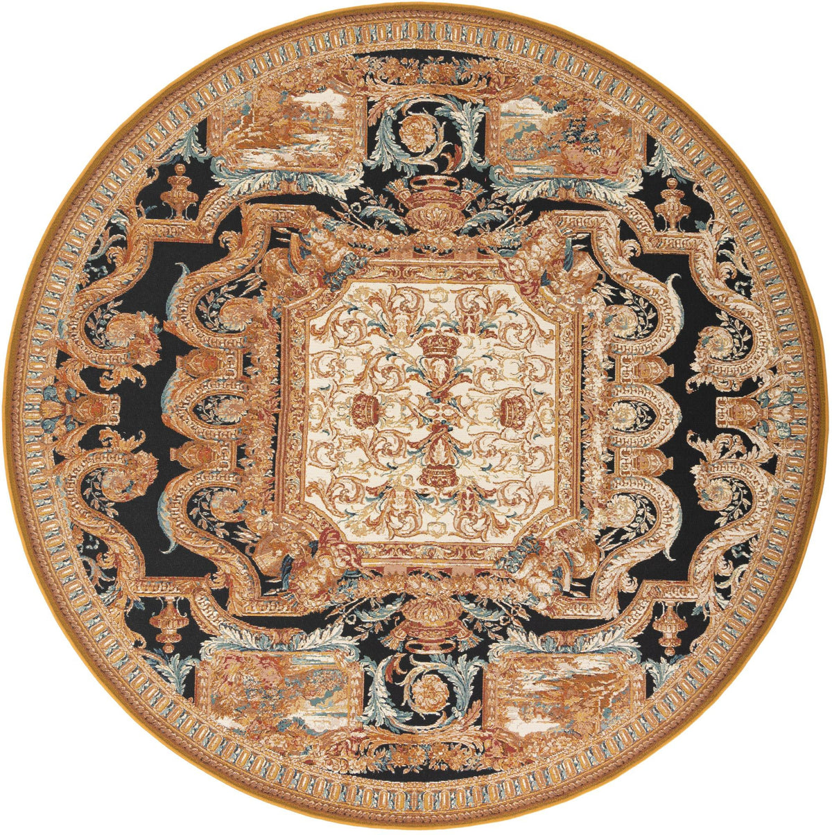 Patio Elegance Collection Area Rug - Veranda Round Black Gold Brown  lifestyle 18