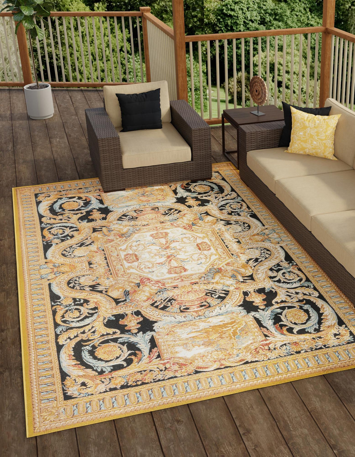 Patio Elegance Collection Area Rug - Veranda Rectangle Black Gold Brown  lifestyle 2