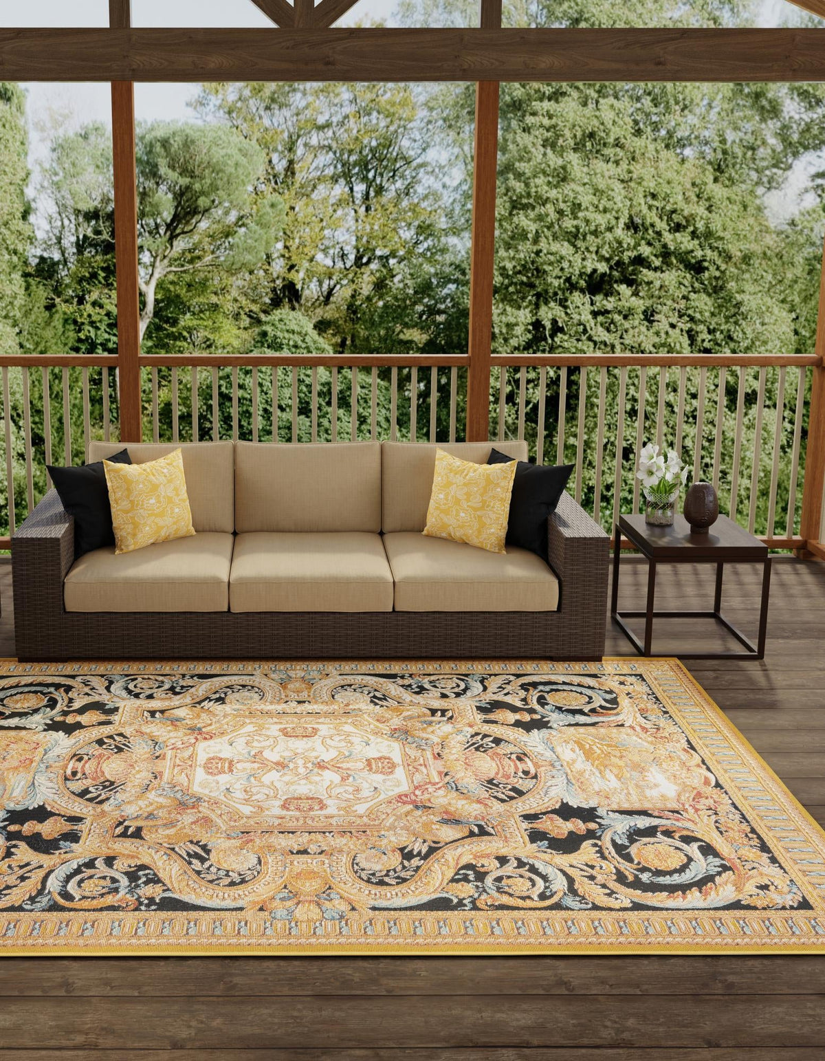 Patio Elegance Collection Area Rug - Veranda Rectangle Black Gold Brown  lifestyle 4
