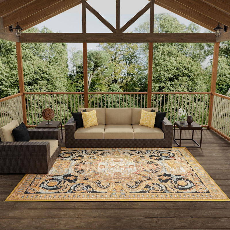 Patio Elegance Collection Area Rug - Veranda Rectangle Black Gold Brown  lifestyle 17