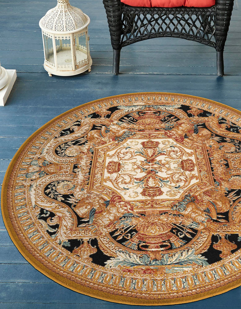 Patio Elegance Collection Area Rug - Veranda Round Black Gold Brown  lifestyle 24