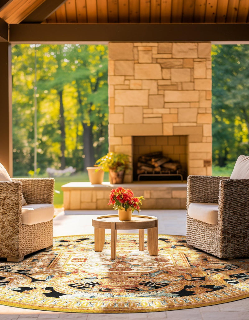 Patio Elegance Collection Area Rug - Veranda Round Black Gold Brown  lifestyle 27
